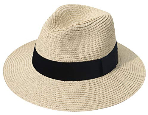 DRESHOW Donna Cappello Panama Cappello da Spiaggia in Paglia Fedora Cappello Arrotolato in Paglia a Tesa Larga Cappelli Panama UPF 50+