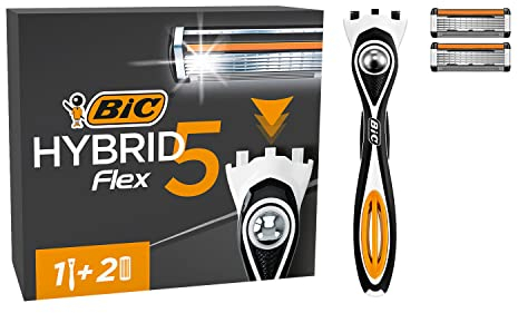 Bic Hybrid 5 Flex Refillable, Kit con rasoio da uomo, composto da 1 manico e 2 testine a 5 lame al titanio con nanotecnologia