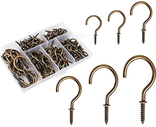 90 Pcs Screw in Hooks, Cup Hooks 6 Sizes Hooks for Hanging Mug Cup Ceiling Hooks for Hanging Tea Cup Key Indoor and Outdoor Use (Bronze)
