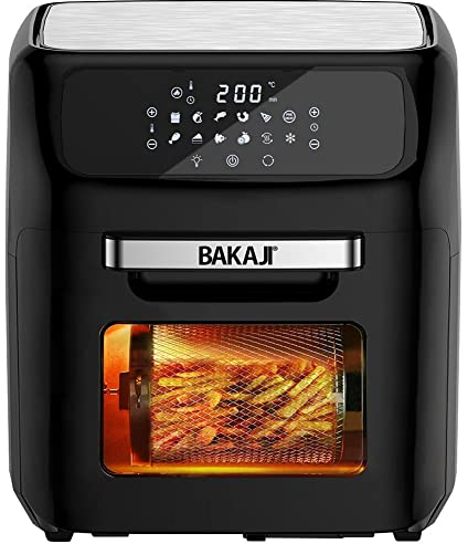 Bakaji Four friteuse à air chaud Frigge Cuisinière grille sèche sans huile Airfryer capacité 12 l écran LED tactile 12 programmes minuterie réglage température puissance 1800 W (Noir)