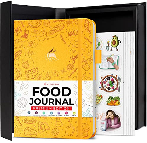 Clever Fox Food Journal Premium – daglig måltidsspårning logg med kalorispårare – näring, kost, viktminskning och bariatrisk dagbok (bärnstensgul)