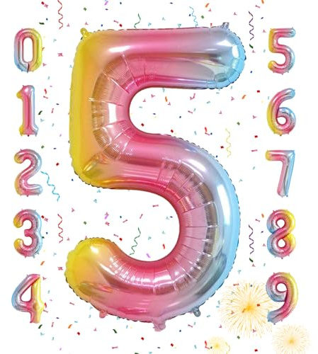 Smlpuame Rainbow Number 5 Balloons, 40 Inch Gradient Birthday Foil Balloon for Boys Girls, Self Inflating Helium Mylar Balloons 0-9 for Women Anniversary Party Celebration Decorations Supplies