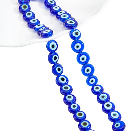 NBEADS ca. 48 Stück Glas Evil Eye Perlen, 7.5 mm Blau Flat Round Lampwork Evil Eye Charms Turkish Evil Eye Spacer Perlen Augenperlen für Armbänder Schmuckherstellung