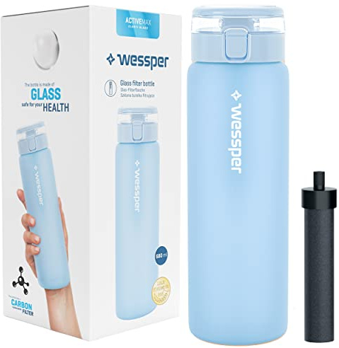 Wessper Borraccia in Vetro Borosilicato Trasparente, Borraccia Filtrante senza BPA 680 ml per Sport, Bambini | Bottiglia d'acqua, Cannuccia Filtrante a Carboni Attivi - Blu