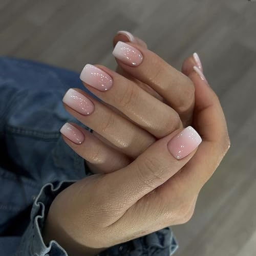Ceboic 24 Stück Nägel zum Aufkleben Kurz Eckig, French Tip Kunstnägel Press on Nails, Nude Rosa Farbverlauf Künstliche Nägel mit Nagelkleber Aufkleber, Square Full Cover Acryl Fingernägel Fake Nails