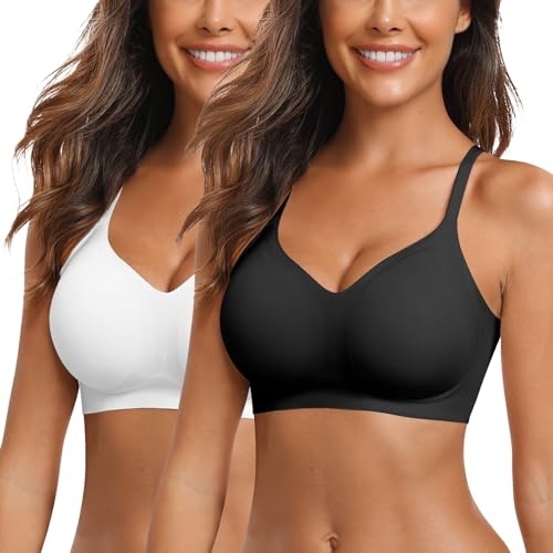 Vertvie Sömlös behå för kvinnor utan bygel, bekväm bh push-up mjuk bh V-ringad mjuk bystier, ultra-bekväm bh, vadderad bralette, t-shirt, bh sömlös bh