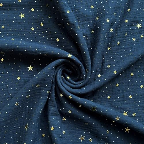 TexTrend Telas por Metro - Doble Gasa o Muselina - Algodón - 1 Metro 160 x 100 cm - Tela para Costura - Niños - Delicado - Azul Oscuro con Estrellas Doradas