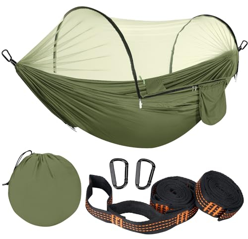 Ultraleicht Outdoor Hängematte mit Moskitonetz 300KG Tragkraft | Reise Hängematte Camping Atmungsaktiv Schnelltrocknendes | Tragbare Fallschirm Nylon Hängematte für Rucksackreisen, Wandern, Garten