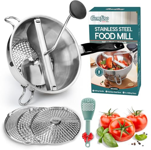 Stainless Steel Food Mill with 3 Milling Discs,Ergonomic Design Rotary Hand Crank Food Mills for Tomato Sauce,Potatoes,Jams,Canning, Dishwasher Safe,Includes Multifunctional Spoon,Blue D