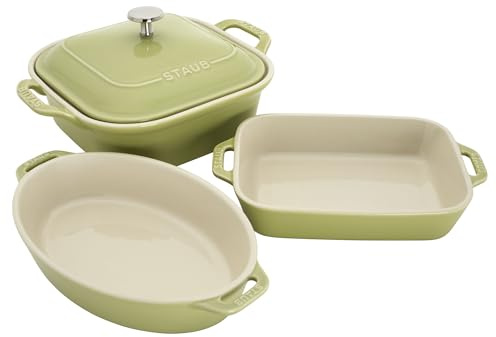 Staub Ceramic 4-pc Baking Pans Set, Casserole Dish with Lid, Brownie Pan, Light Green