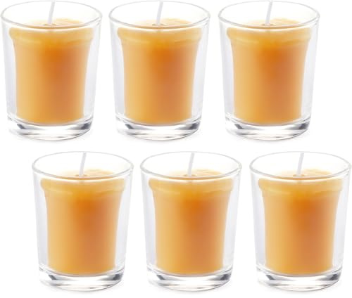 AGLARY 6PCS Pure Beeswax Votive Candles in Glass Cup, Unscented, Naturally Lightly Honey Scented, 12 Hours Burn Time Each (Raw)