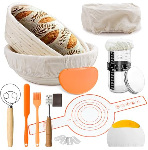 Kit Completo per la Pasta Madre,Cestino per Pane Lievitato In 2 Pz. con Fodera,Imbragatura Per Pane In Silicone,Barattolo di Agente Lievitante Spazzola In Silicone,Set Di Raschietti Per Pasta(A)