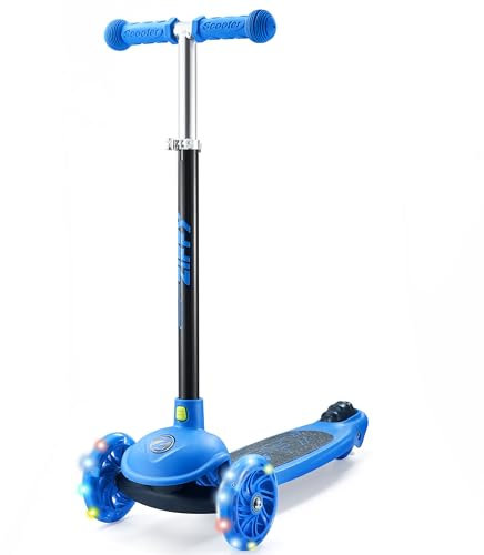 ZIFFY 3-Rad-Kinderroller 3–5 Jahre – Blau/Grün/Pink/Violett – LED-Leuchträder, Neigelenkung, Hinterradbremse – Höhenverstellbarer Lenker 44–61 cm – 1,8 kg, schnell zerlegbar
