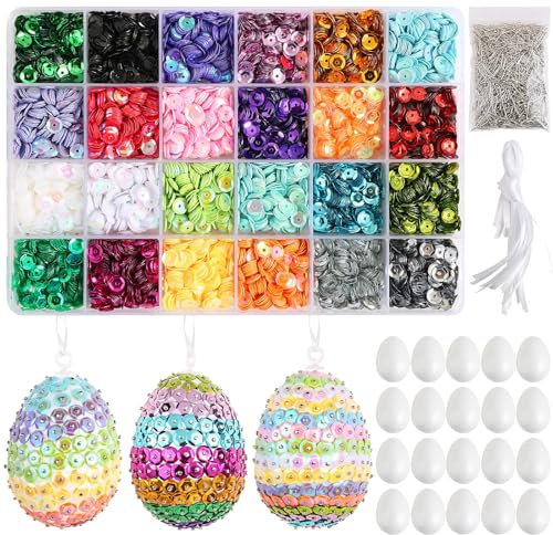 BOFUNX Styroporeier Bastelset, 24 Ostereier zum Aufhängen + 24 Farbe Pailletten und Stecknadeln Schnur für DIY Pailletten Ostereier Basteln Kinder Oster Geschenk