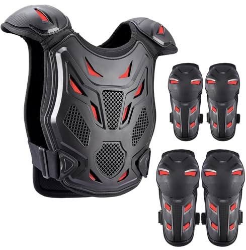 PELLOR Brustpanzer Kinder Motorradjacke Schutzweste mit Knieschoner Ellenbogenschoner, MTB Protektoren Kinder für 5-10 Jahre alt Kinder Protektorenjacke für Reiten Ski Snowboard Motocross Sport(Rot)