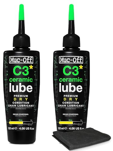 Muc-Off C3 Dry Weather Ceramic Lube 120ml (Pack of 2) with Microfiber Cloth | Premium Chain Lubricant for Dry, Dusty & Damp Conditions | Ceramic Protection with UV Dye