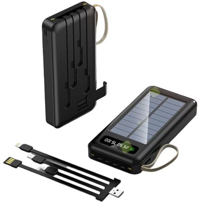50000mah Solar Power Bank Portable Charger, Outdoor Solar Charger with 4 Cables and Led Camping Flashlight for Outdoor Smartphones, Tablets and More. (Black, 50000mah)