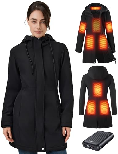 GOTOBI Chaqueta Calefactable Mujer Con BateríA 12v 18400mah, 8 Zonas De Calor, Abrigos Largos De Invierno Con Forro Polar, Cortavientos Impermeable Y CáLido Con Capucha,XS