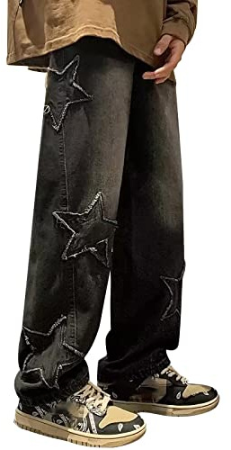 Baggy Pantaloni da uomo Y2K, jeans Hip Hop, jeans con toppa a stella, casual, alla moda, larga, in denim, con ricamo, lavato, gamba larga, pantaloni elasticizzati
