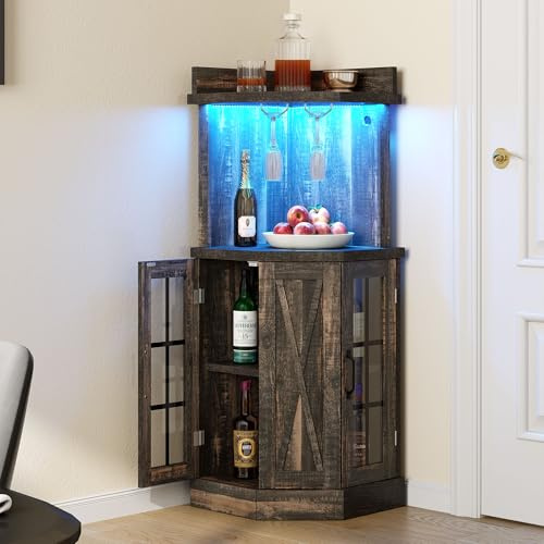 DWVO 53 Corner Bar Cabinet, Farmhouse Wine Cabinet with Glass Holder & LED Lights, 4-Tiers Liquor Bar with Glass Door & Shelves for Home Kitchen, Living Dining Room, Dark Rustic Oak