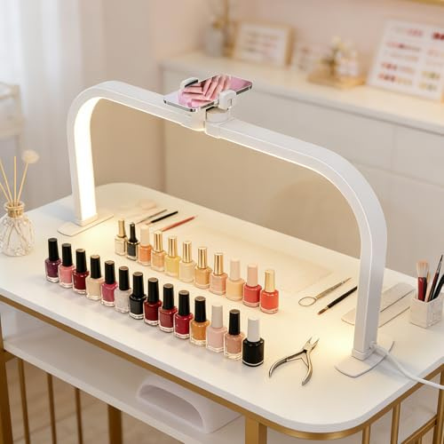Lampada Mezza Luna Estetica, 72CM 40W Lampada Estetista da Tavolo per Unghie, Lampada Extension Ciglia con Porta Cellulare, Half Moon Light con 3 Modalità 10 Luminosità per Tatuaggi Manicure- Bianco