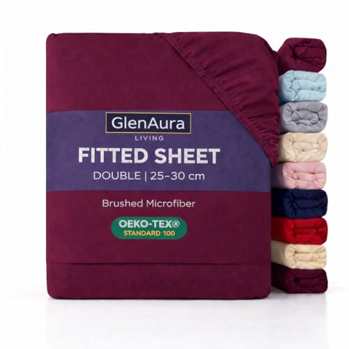 GlenAura Living Fitted Sheet Single, Burgundy - Deep Pocket 25cm - OEKO-TEX Certified - Brushed Microfibre - Bed Sheet, Soft Stretch Fit, Wrinkle Fade & Shrink Resistant