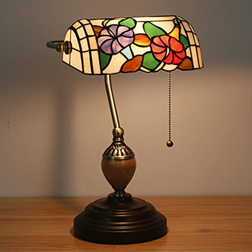 Vintage bankirlampa, bord, pianolampa, skrivbord, antik legeringsbas, nattlampa för sovrum, vardagsrum, målat glas (färg: grön) (påsklilja A)