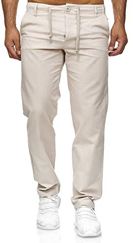 Reslad Leinenhose Männer Chino Herren-Hose lockere Sommer Stoffhose Freizeithose aus bequemer Baumwolle lang RS-3000 (XL, Beige)