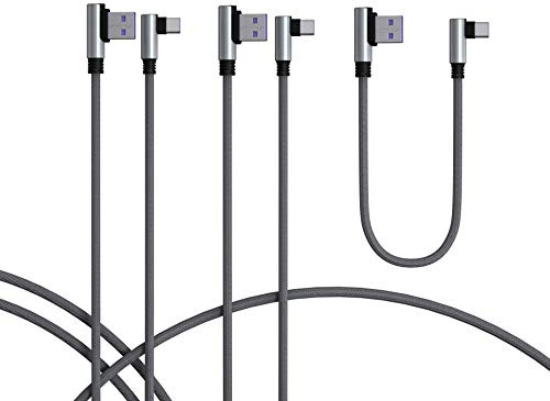 TECHGEAR 3-pack USB-C 90 grader höger vinkel kabel, synkronisering och snabbladdning kompatibel med Huawei, Moto, Samsung, OnePlus, Pixel, silver