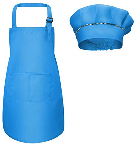 Fodlon Barnförkläde och kockhatt set, justerbart barn kök kockförkläde med fickor för matlagning bakning målning 4-12 år gammal (röd, stor)