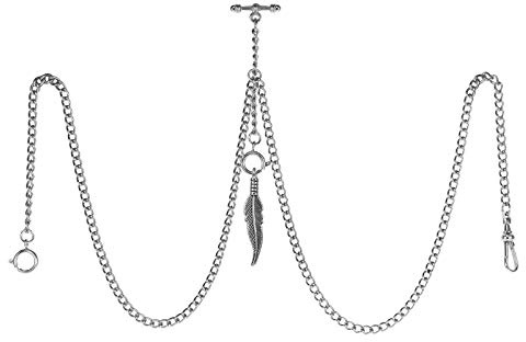 TREEWETO Men's Double Albert Chain Pocket Watch Curb Link Key Chain 3 Hooks with Antique Silver Leaf Pendant Design Charm Fob T Bar