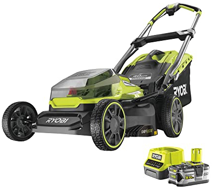 RYOBI 18 V ONE+ Brushless Akku-Rasenmäher RY18LMX40A-150 (Schnittbreite 40 cm, 6-fache Höhenverstellung 20-70 mm, Flächen bis 700m², Variables Griffgestänge inkl. Mulchkeil, 1x5,0Ah Akku & Ladegerät)