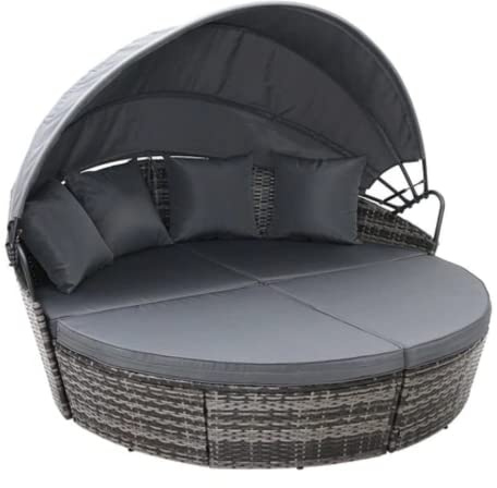 EVRE Bali 3 Piece Modular Round Rattan Wicker Patio Garden Furniture Daybed Sun Lounger Set with Extendable Canopy and Conversation Seat Cushions (Mixed Grey)