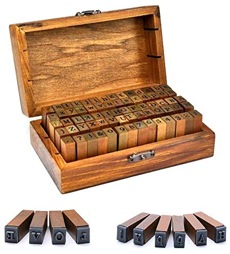 Vegena Alfabetsstämpelset, 70 stycken vintage, trä, alfabet, bokstäver, frimärken med förvaringslåda, trästämpelset, alfabet, bokstäver, set för korttillverkning, gör-det-själv-hantverk