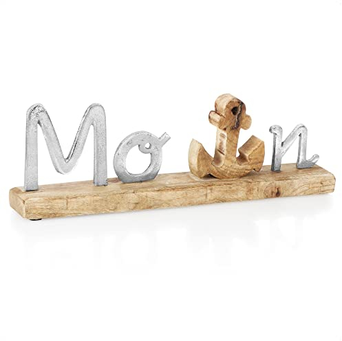 com-four® Deko Aufsteller Schriftzug Moin - Aufsteller aus Aluminium auf Mangoholz-Sockel - Deko-Schriftzug zum Hinstellen - Maritimes Design (silberfarben - Moin)