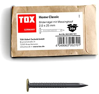 TOX Bildernagel Home Classic aus gehärtetem Stahl mit Messingkopf in recycelbarer Papierverpackung, Größe 2,0 x 25 mm, Stahlnägel für Bilder für nahezu alle Baustoffe, 20 Stk., 063600101