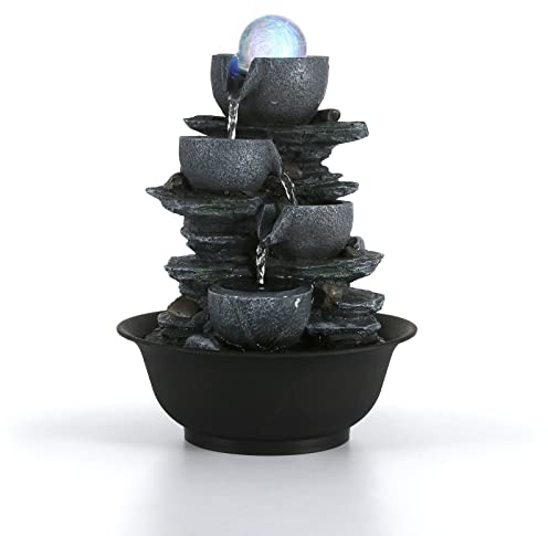 Dyna-Living Fontaine d'intérieur, fontaine à eau de table, fontaine à eau avec boule de cristal LED, fontaine d'eau d'intérieur pour la maison, le bureau, la relaxation, 24,5 x 18,5 x 28,5 cm