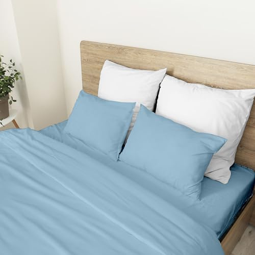 Ruggeri - Set 4 pezzi Completo Letto Matrimoniale - 100% Puro Cotone - Made In Italy - Collezione Let's Color! (Azzurro)