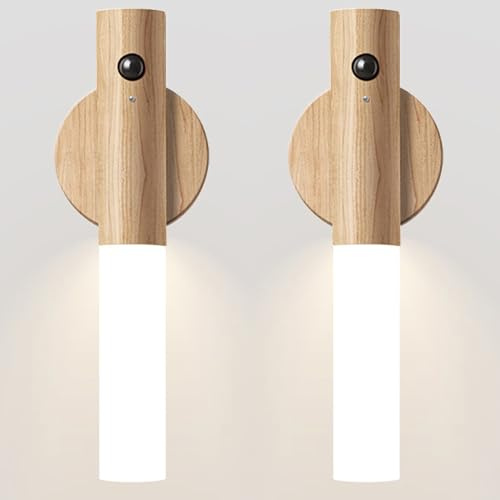 Chilvane Motion Sensor Light Indoor Night Light Wall Sconce Wooden Rechargeable Portable Magnetic Battery Operated LED Night Light for Kids Bathroom Toliet Light Closet Bedroom,White Ash Wood Pack 2