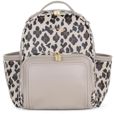 Itzy Ritzy Mini Diaper Bag Backpack – Chic, Compact Mini Plus Backpack with Changing Pad, 10 Pockets (6 Internal, 4 External), Grab-Top Handle & Rubber Feet (Leopard)