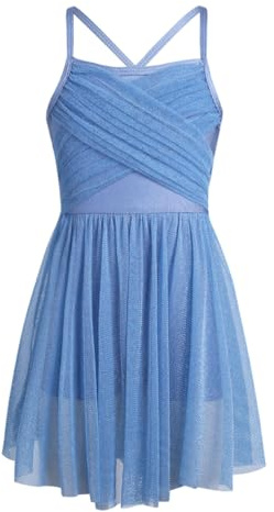 Hansber Bambina Abito da Balletto Danza Lirica Contemporanea Senza Maniche Vestito Leotard per Balletto Bambina Vestito Ginnastica con Chiffon Gonna Azzurro 12 Anni