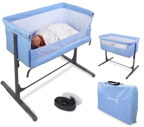 Mobiclinic®Kids, Beistellbett Baby, 2 in 1, Moon, Befestigungsgurte am Bett, 5-stufig verstellbar, Transporttasche, Inklusive räder, Atmungsaktives Netz, Einstellbarer Winkel, Gepolsterte Basis
