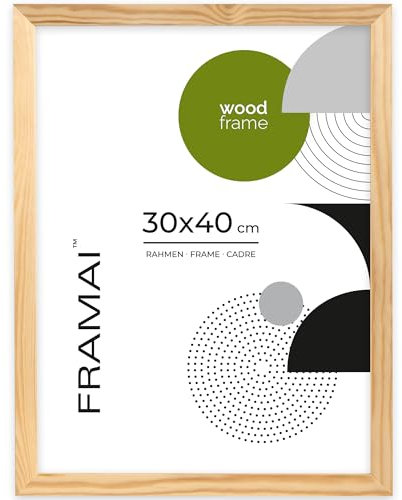 FRAMAI Cornice portafoto 30 x 40 cm, in legno naturale, cornice in vero legno, cornice con plexiglass infrangibile, gancio e supporto
