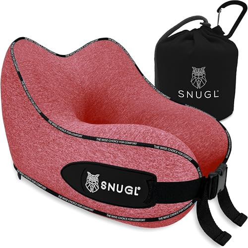 SNUGL Travel Pillow – Memory Foam Neck Pillow for Travel – Support Cushion for Airplane with Carry Bag & Clip - Holiday Essentials for Kids (Red - Kids)