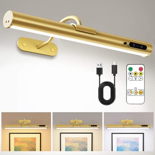 bravzurg Rechargeable Picture Wall Lights, Battery Operated Wireless Light with Remote Control, Magnetic Dimmable, Battery Powered Sconce Lamp for Indoor Frame Dartboard Bathroom – Gold
