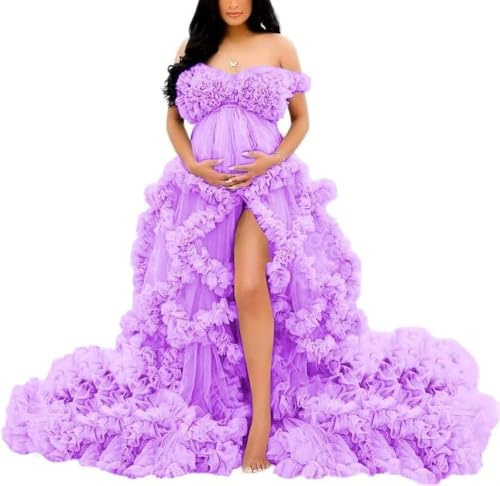 YIANN Vestidos de maternidad con hombros descubiertos, bata larga para sesión de fotos, tul con volantes, vestido de embarazo para baby shower, Lila, 38