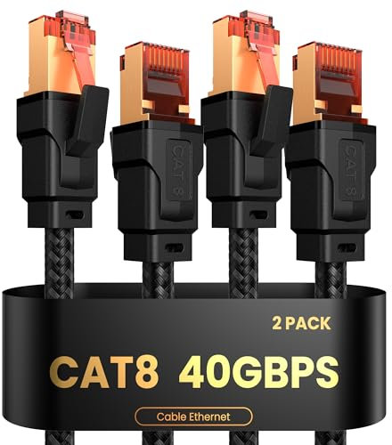Nixsto Cable Ethernet Cat 8, Cable de Red 1M 2M 3M 5M 10M 15M 20M, Cable Lan 40Gbps 2000Mhz Alta Velocidad, RJ45 Gigabit Trenzado de Cable Internet para Router,Modem,PC,PS5,Servidor (2Piezas 2 Metro)