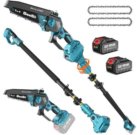 SEESII 2-in-1 Podadora Electrica Bateria, Mini Motosierra Brushless de 6 Pulgadas con 2 x 4000 mAh Baterías, Motosierra Pertiga Electrica, Alcance 4,87 M, Poda de Árboles y Proyectos DIY