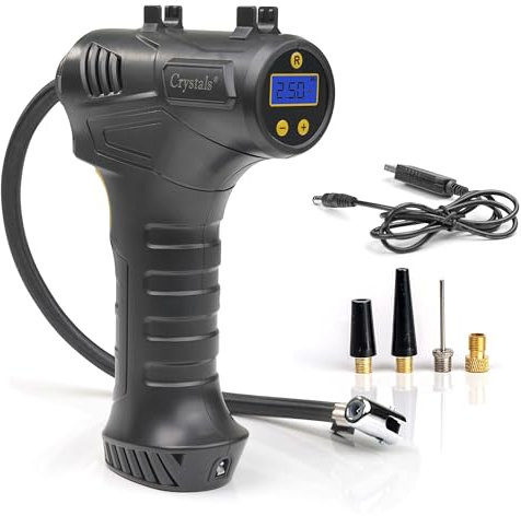 Crystals Electric Tyre Inflator Air Pump – Cordless Digital Tyre Inflator Air Compressor USB Rechargeable – Portable Pressure Gun with 3 Nozzle Adaptors for Car, Motorcycle, Bicycle & Inflatables