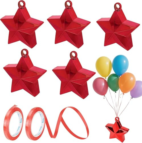 6 pesi per palloncini con nastro, in lamina nera a forma di stella, per compleanni, feste, matrimoni, decorazioni da tavola e celebrazioni (rosso)